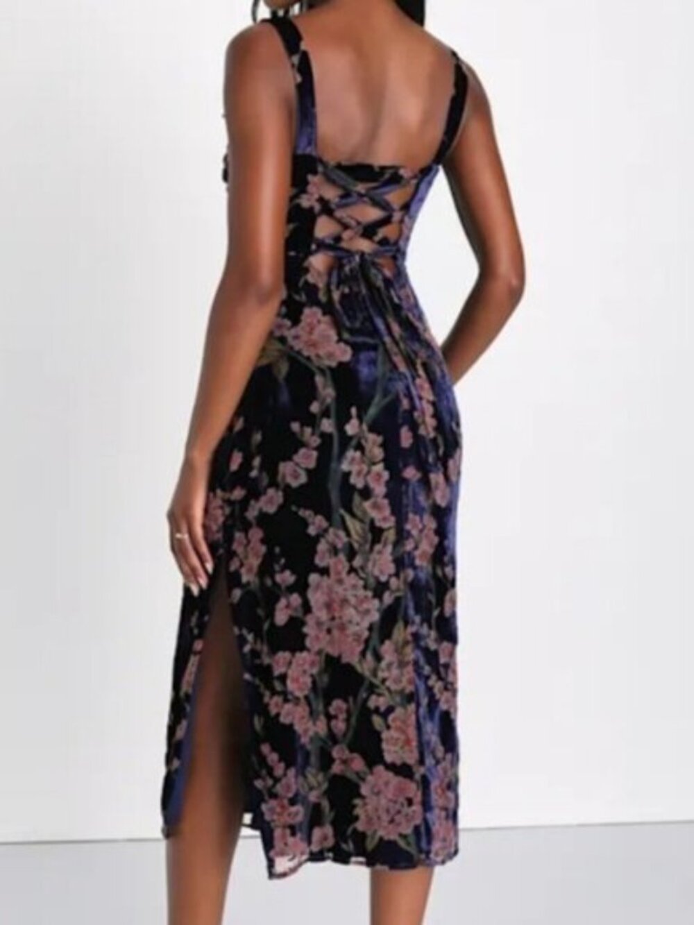 Lulus Velvet Floral Midi Dress Lace-Up Back Side Slit Romantic Dress Large - Picture 4 of 12
